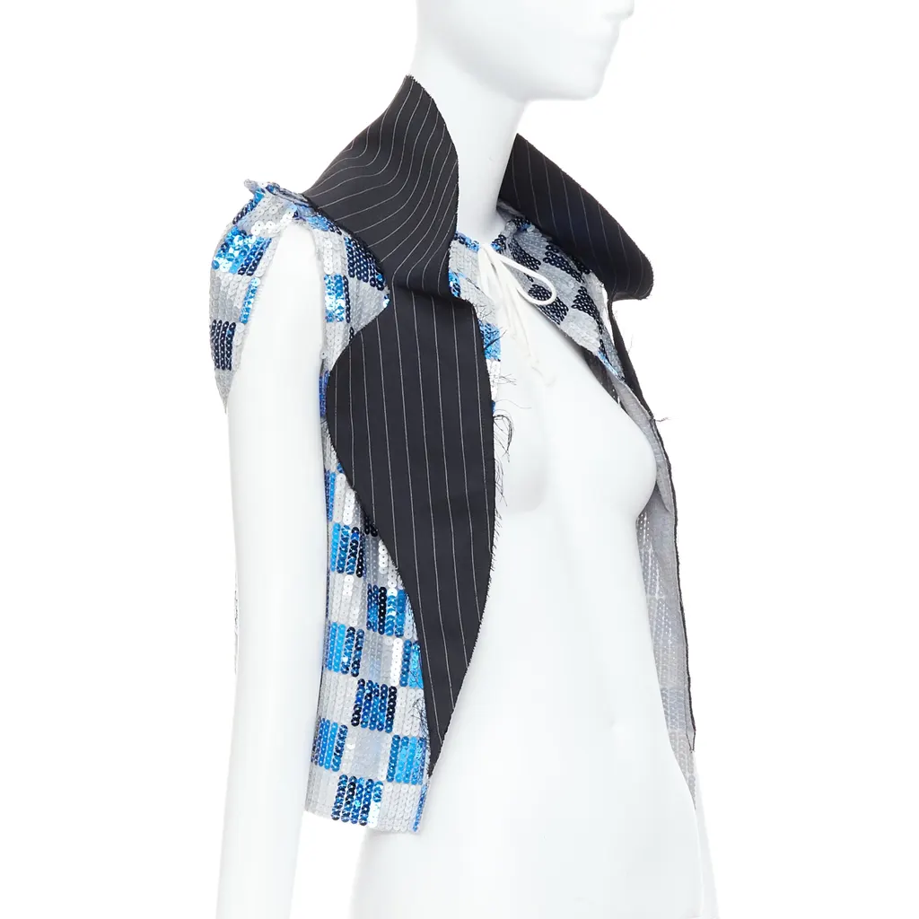 Comme Des Garcons Checkered Sequin Vest Blue Polyester Very good - Front View