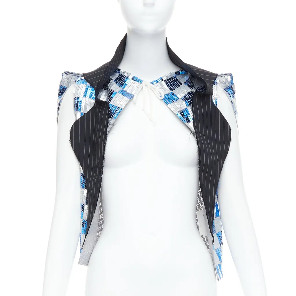 Comme Des Garcons Checkered Sequin Vest Blue Polyester Very good - Inside View