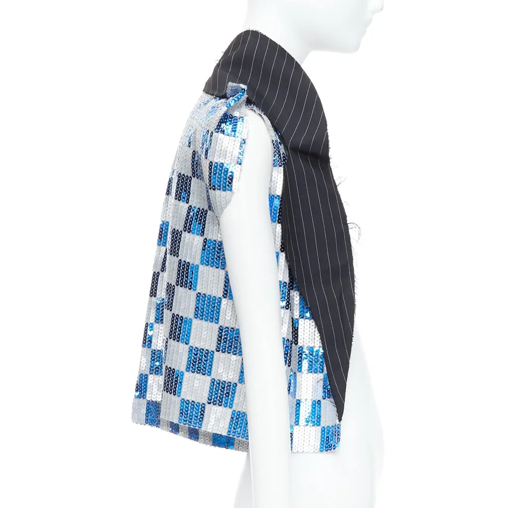 Comme Des Garcons Checkered Sequin Vest Blue Polyester Very good - Model View