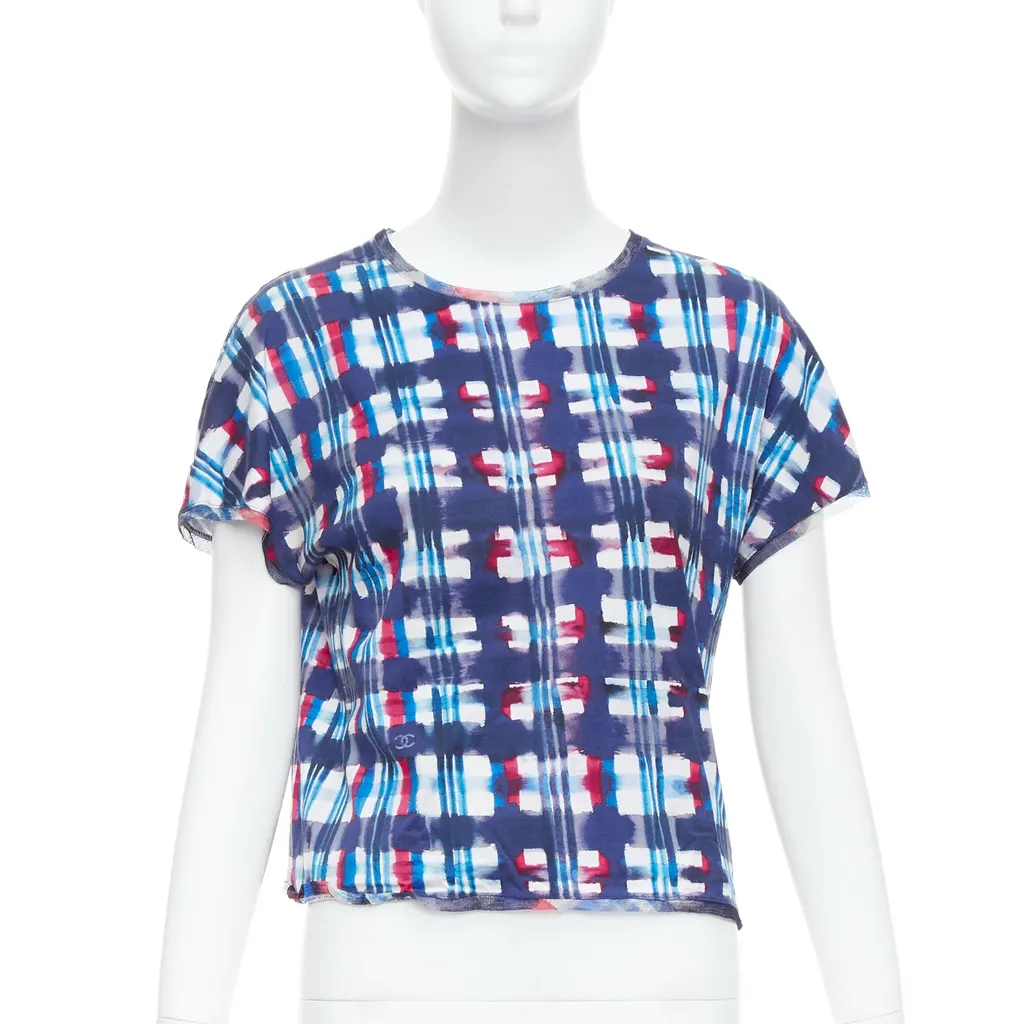 Chanel Check Silk Crop Top Blue Cotton Good - Front View