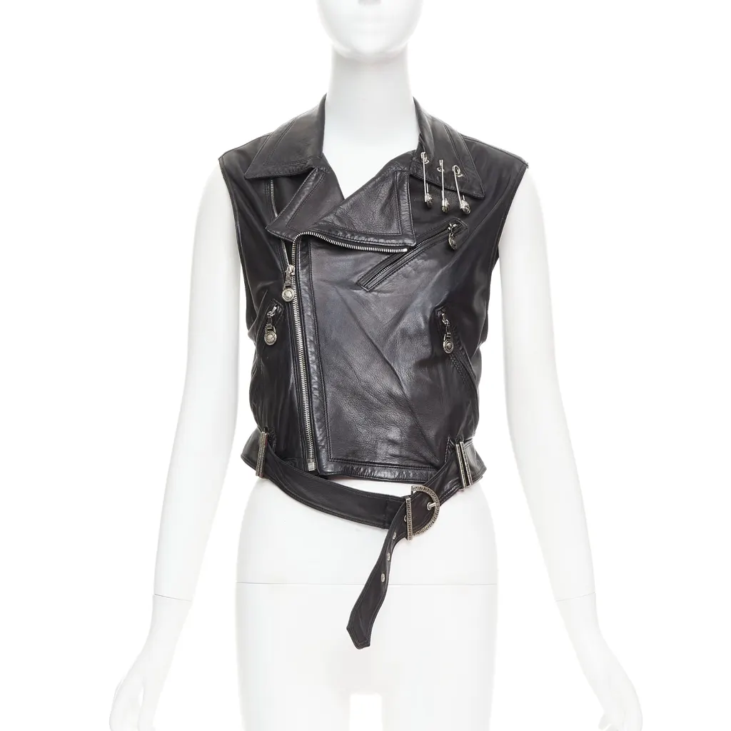 Gianni Versace Medusa Pin Vest Black Leather Good - Front View