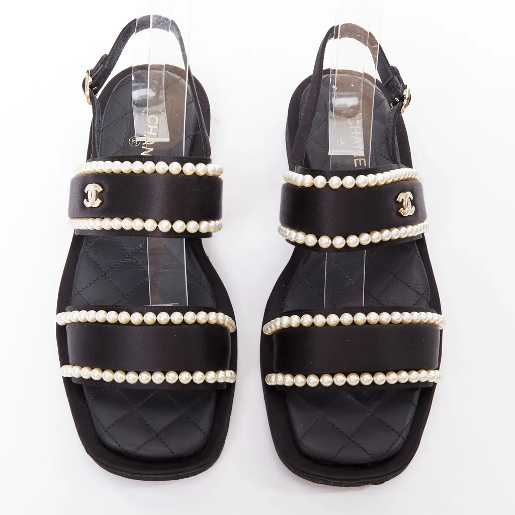 Chanel Pearl Dad Sandals Black Silk Very good - Back View