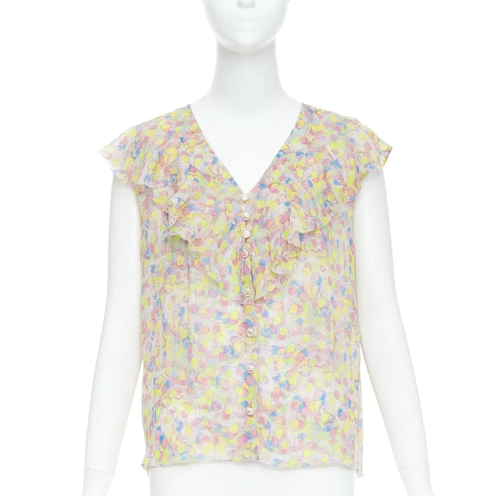 Chanel Pastel CC Ruffle Blouse MultiColor Silk Very good - Front View
