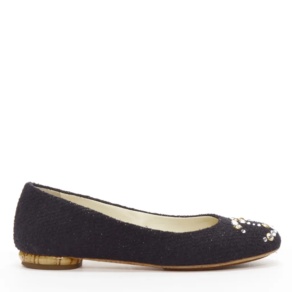 Chanel Gold Embroidery Pointy Flats Black Tweed Very good - Back View