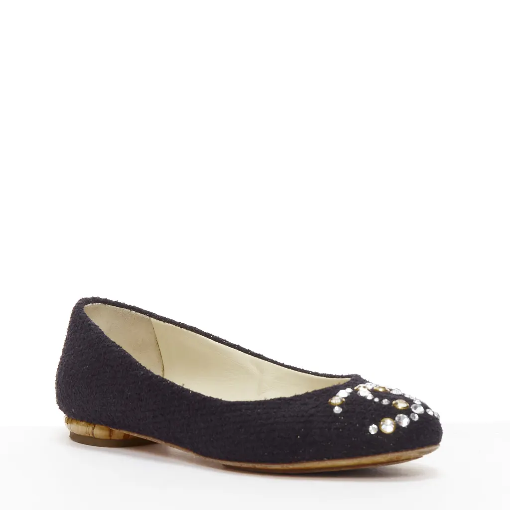 Chanel Gold Embroidery Pointy Flats Black Tweed Very good - Inside View