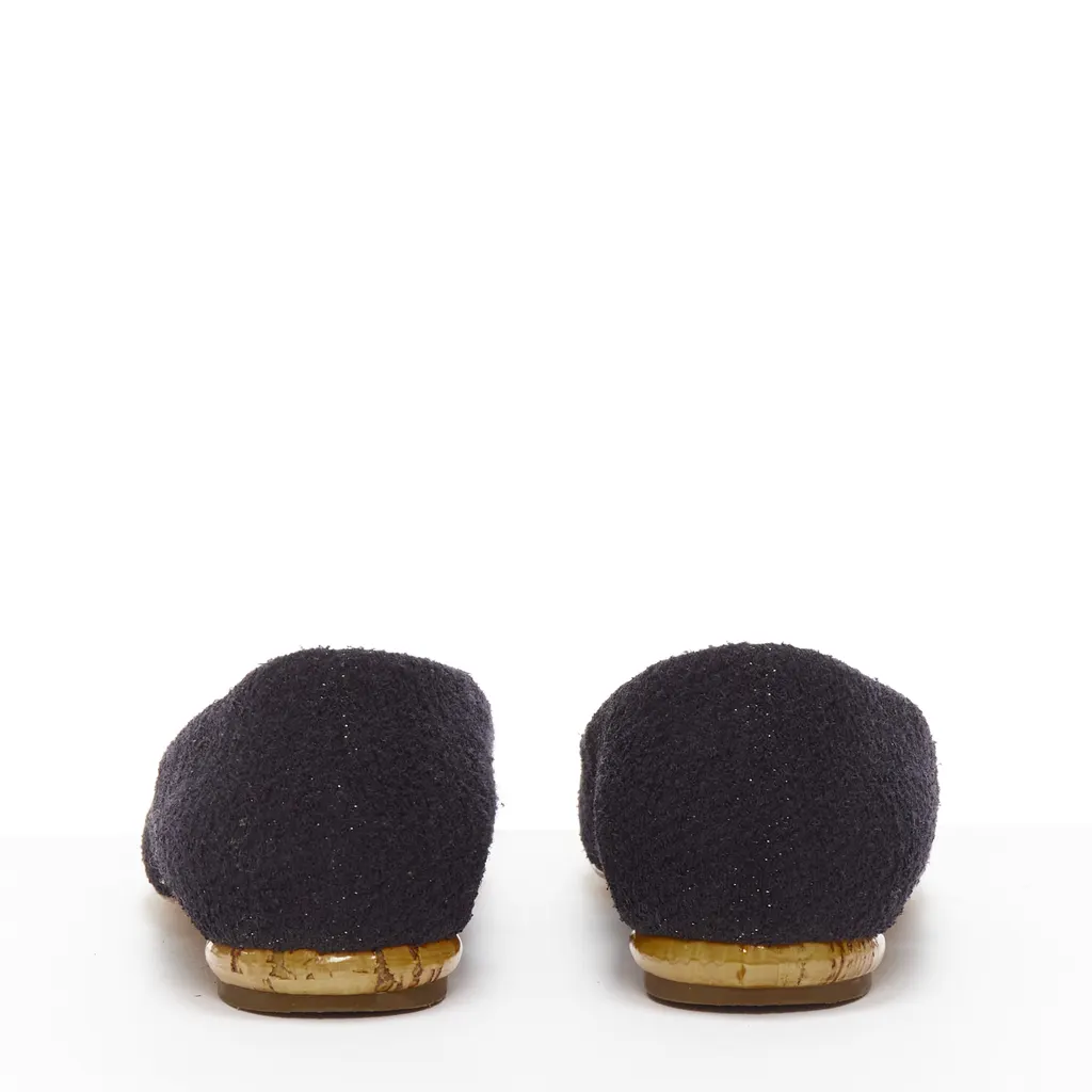 Chanel Gold Embroidery Pointy Flats Black Tweed Very good - Box View