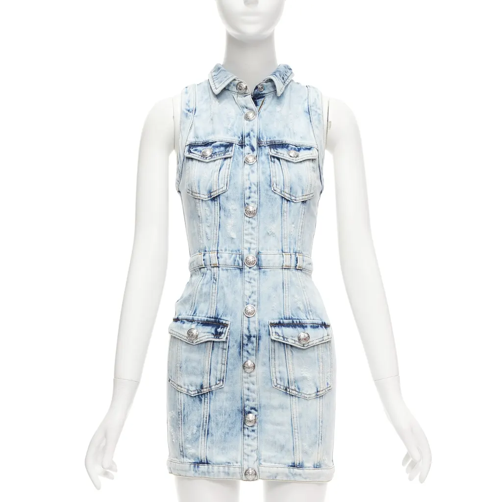 Balmain Distressed Denim Dress Blue Never worn - Front View