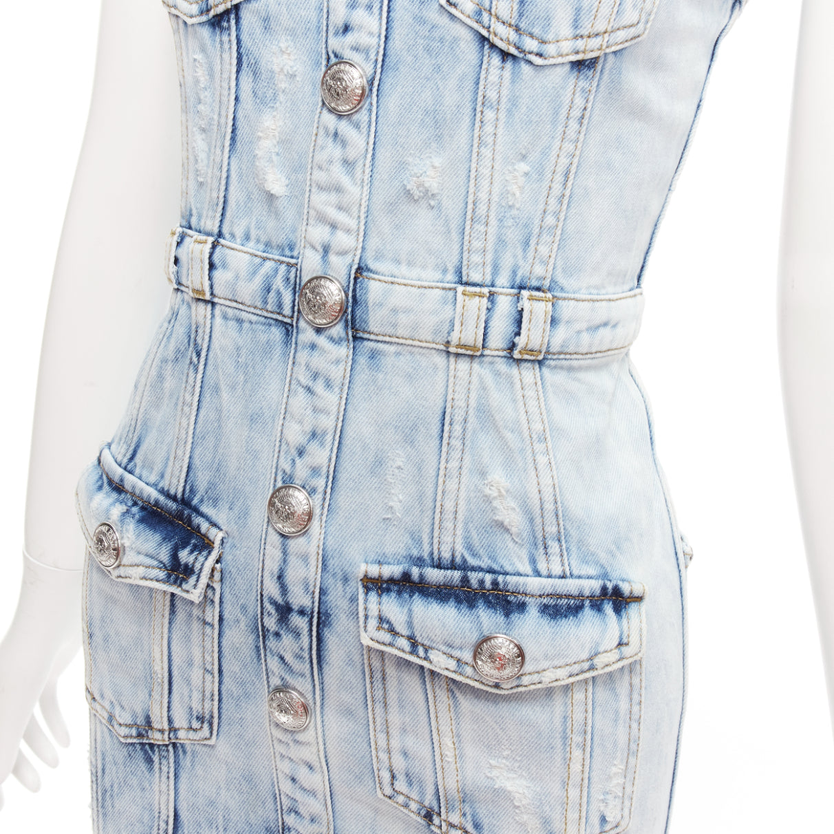 Balmain Distressed Denim Dress - Back view