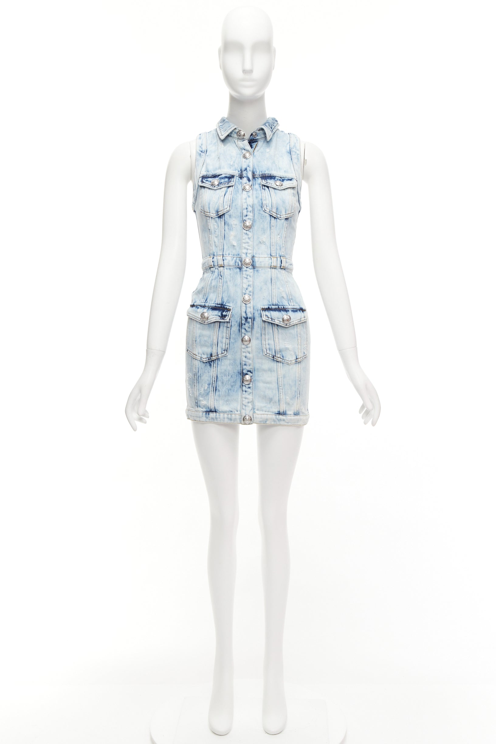 Balmain Distressed Denim Dress - Image 11