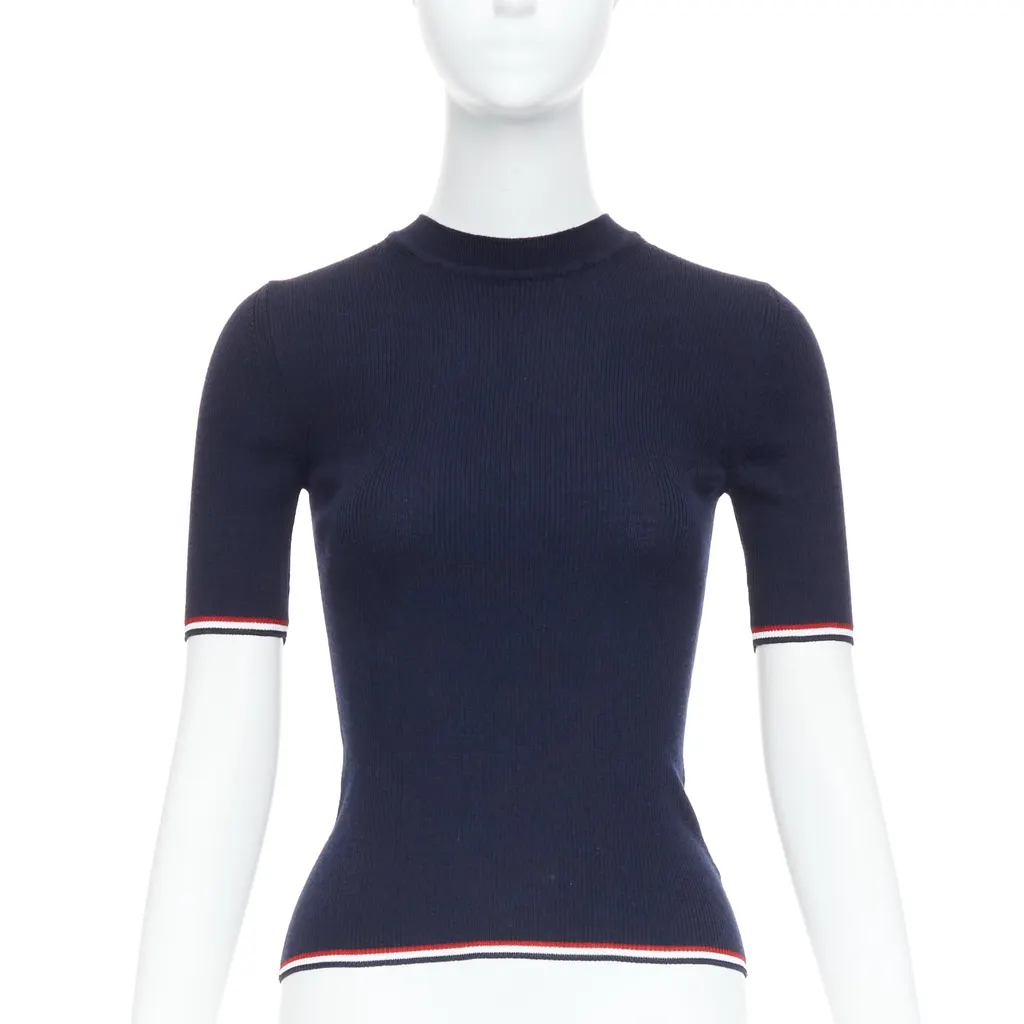 Thom Browne Pointelle-Knit T-Shirt Navy Wool Very good - Front View