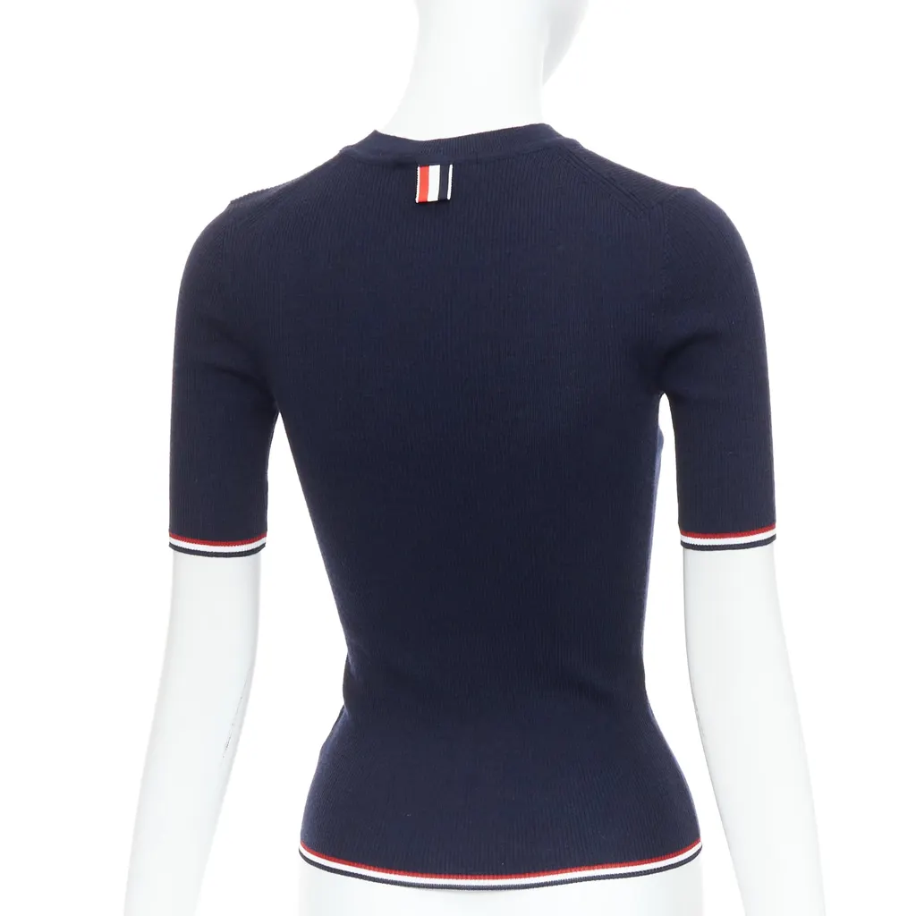 Thom Browne Pointelle-Knit T-Shirt Navy Wool Very good - Box View