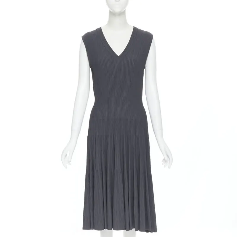 Alaïa Ribbed Cocktail Dress Grey Viscose Good - Front View