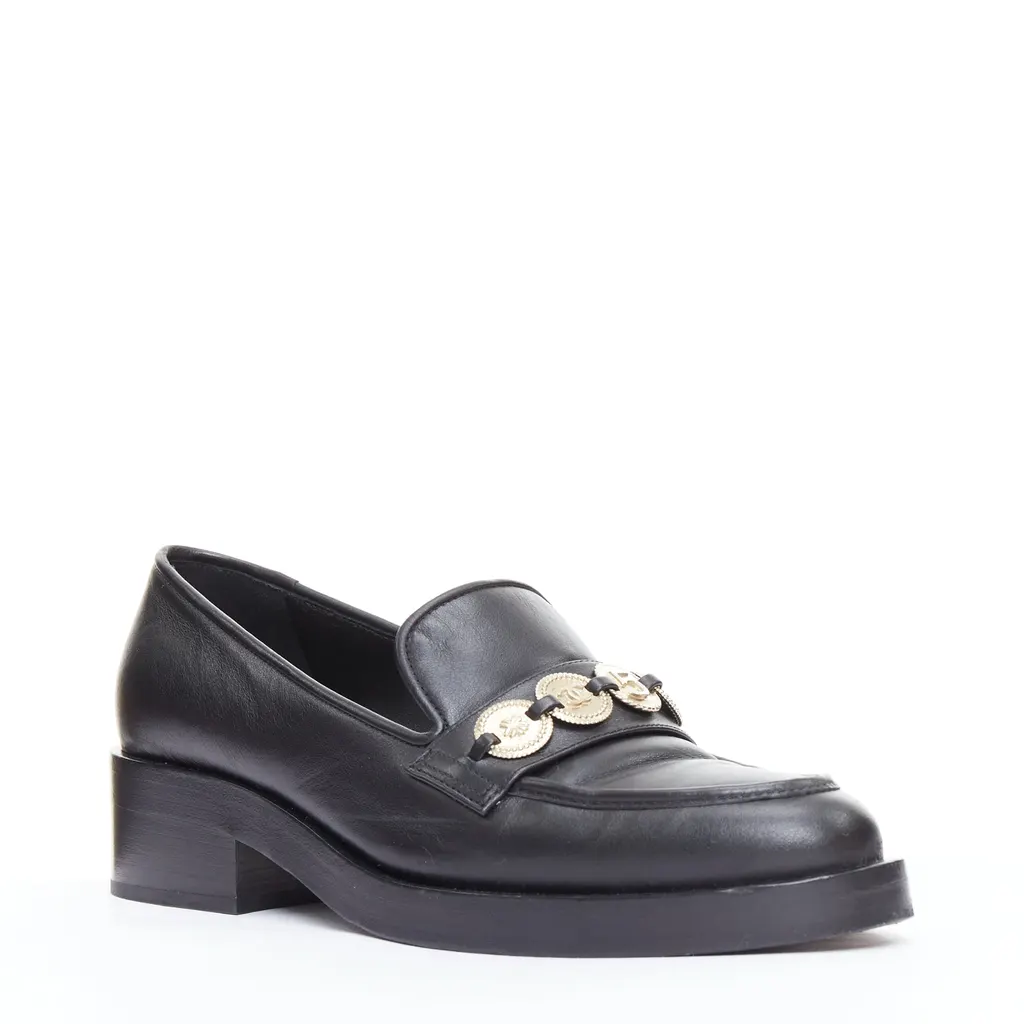 Chanel Coin Embellished Loafers Black Leather Good - Front View