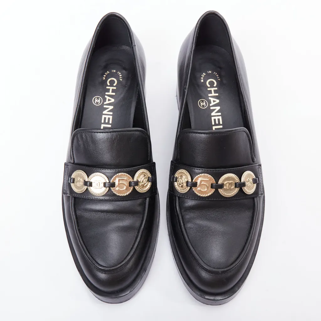 Chanel Coin Embellished Loafers Black Leather Good - Back View