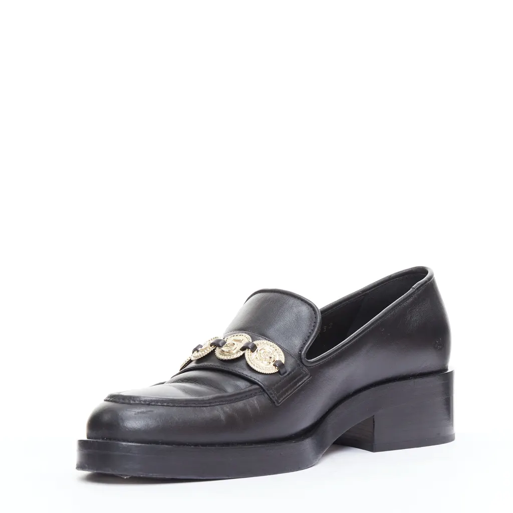 Chanel Coin Embellished Loafers Black Leather Good - Model View