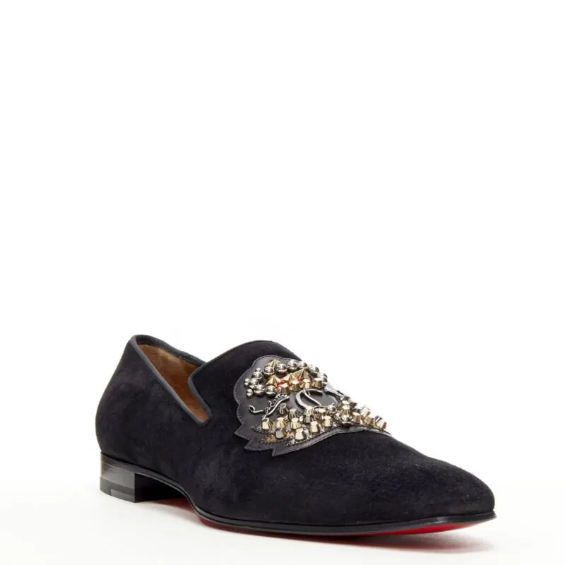 Christian Louboutin Studded Crest Loafers Black Suede Never worn - Front View