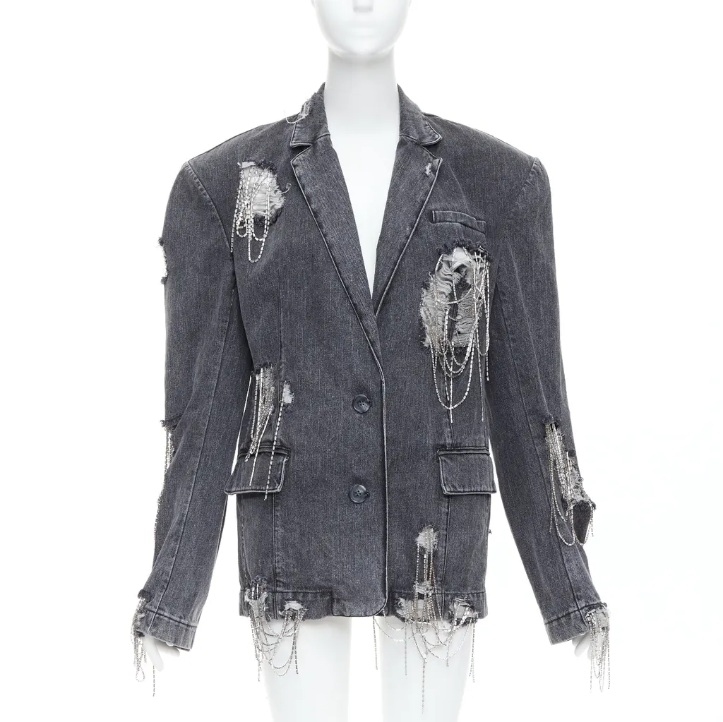 Unsigned Beaded Chain Blazer Grey Cotton Very good - Front View