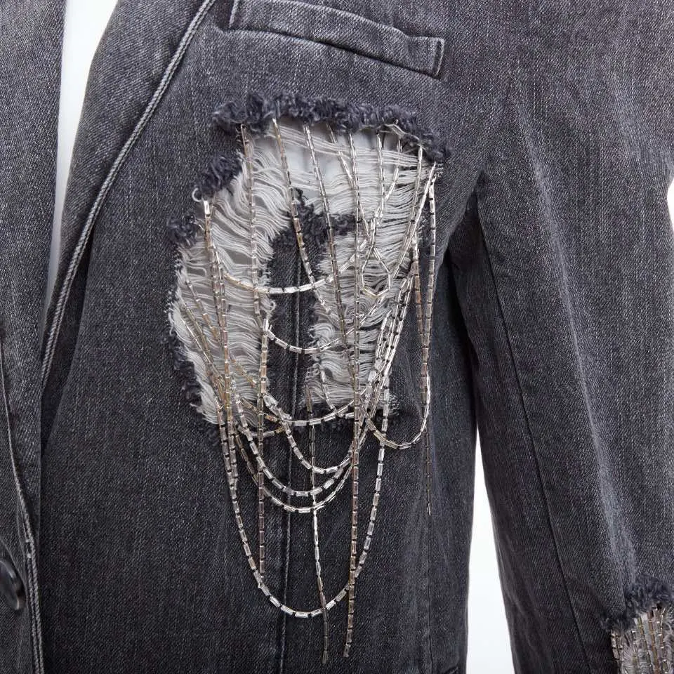 Unsigned Beaded Chain Blazer Grey Cotton Very good - Back View