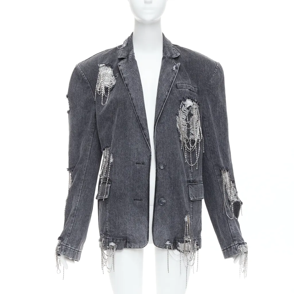 Unsigned Beaded Chain Blazer Grey Cotton Very good - Inside View