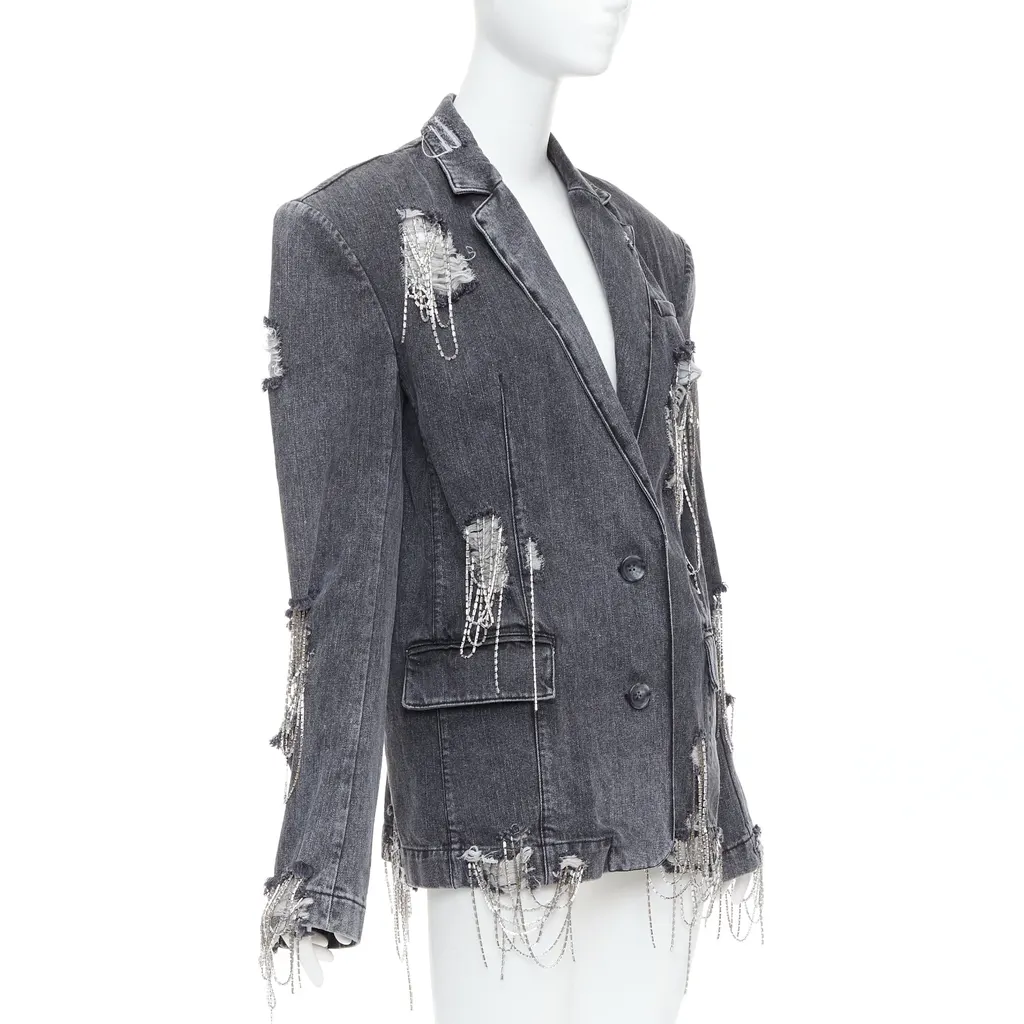 Unsigned Beaded Chain Blazer Grey Cotton Very good - Model View