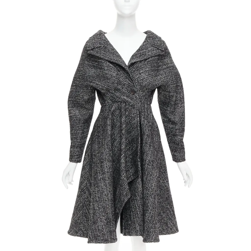 Unsigned Grey Tweed Swing Coat Black Wool Very good - Front View