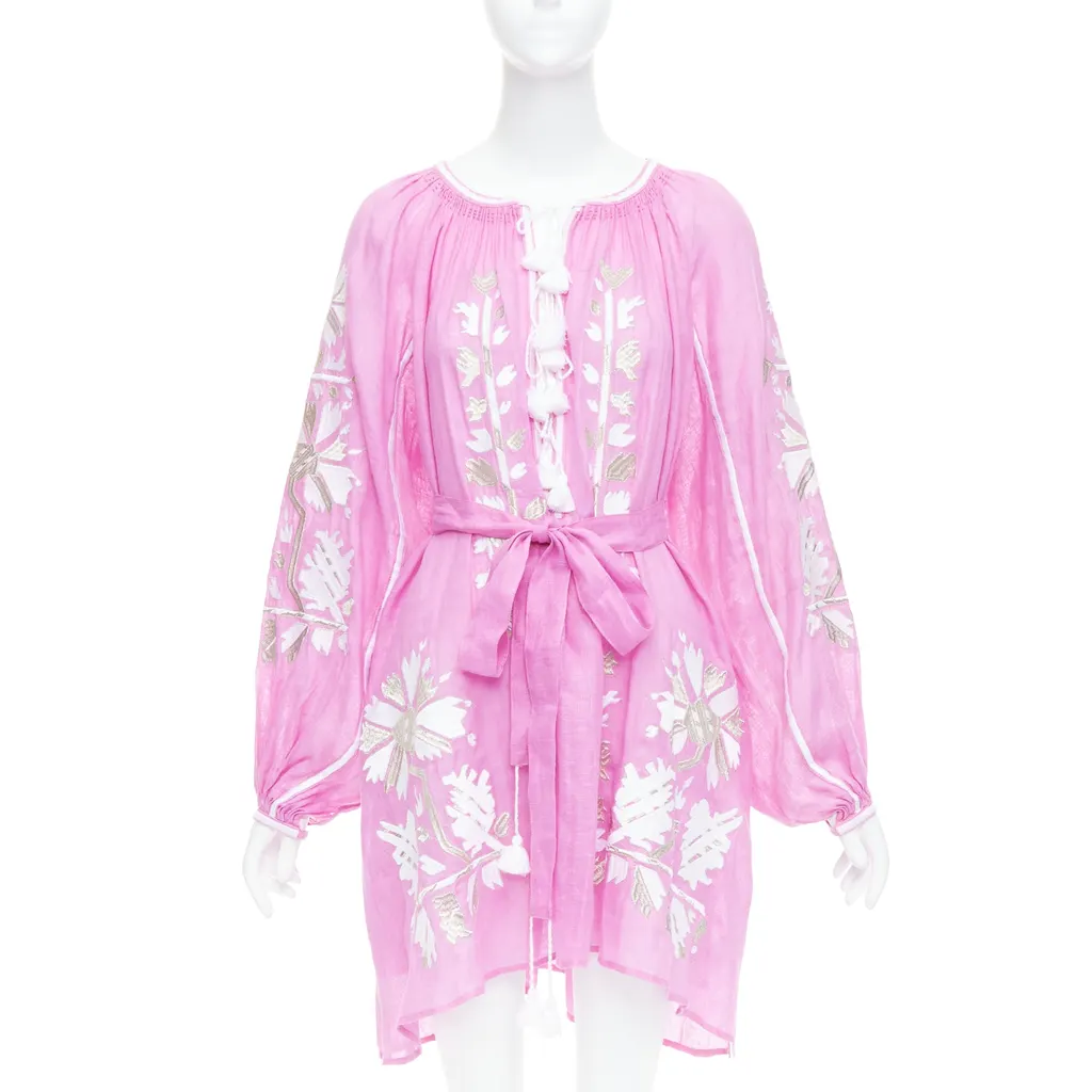 Unsigned Embroidery Boho Dress Pink Linen Never worn, with tag - Front View