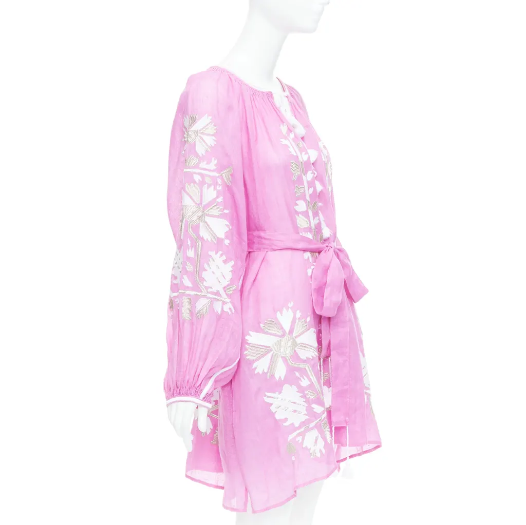 Unsigned Embroidery Boho Dress Pink Linen Never worn, with tag - Inside View