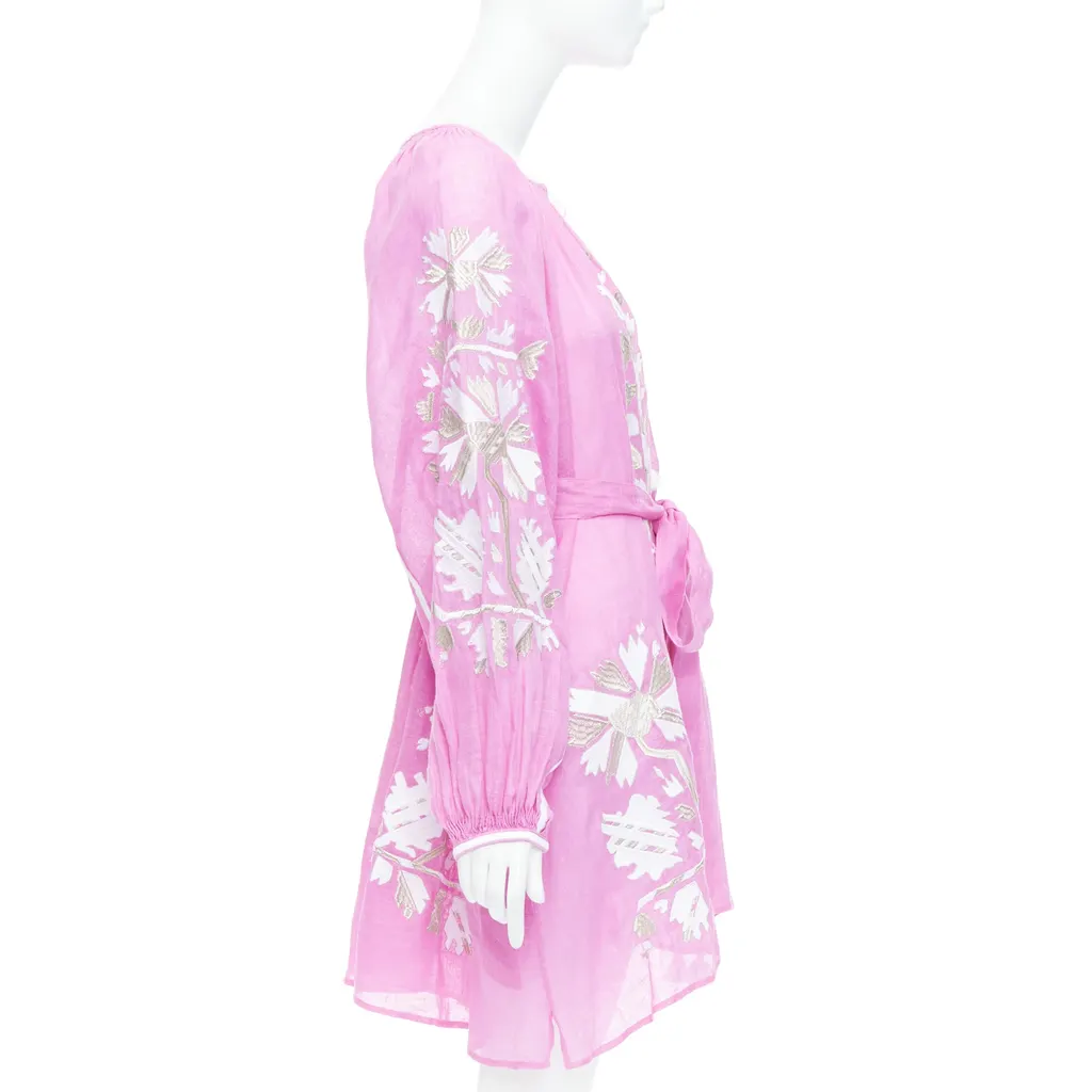 Unsigned Embroidery Boho Dress Pink Linen Never worn, with tag - Model View