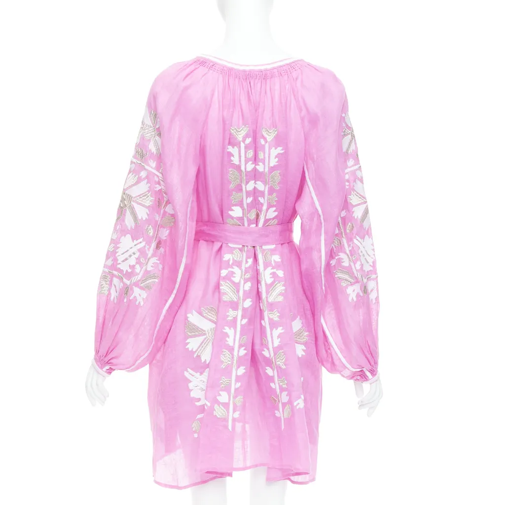 Unsigned Embroidery Boho Dress Pink Linen Never worn, with tag - Box View