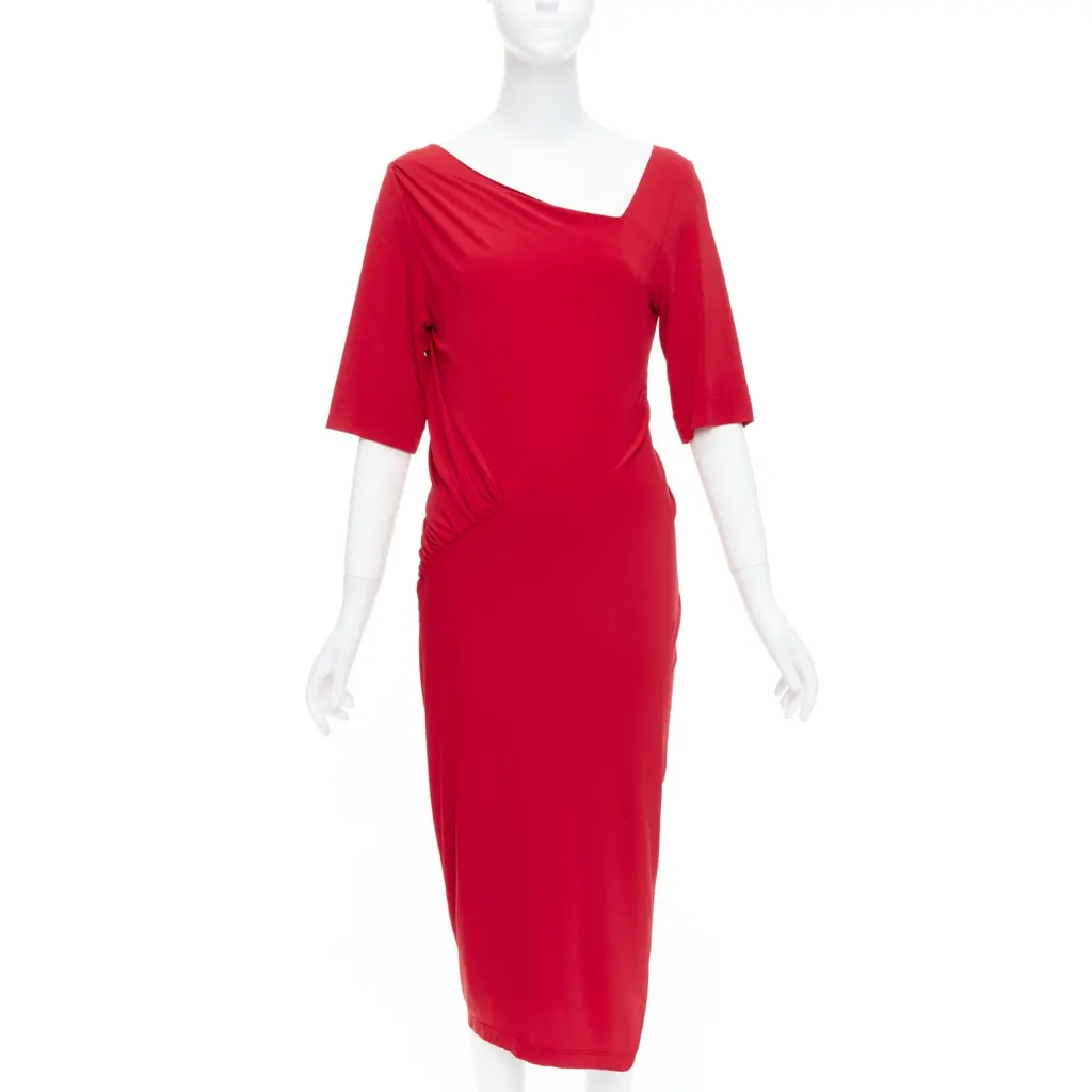 Donna Karan Tuck Draped Dress Red Viscose Never worn - Front View