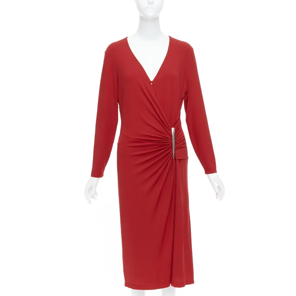Donna Karan Buckle Drape Dress Red Viscose Good - Front View