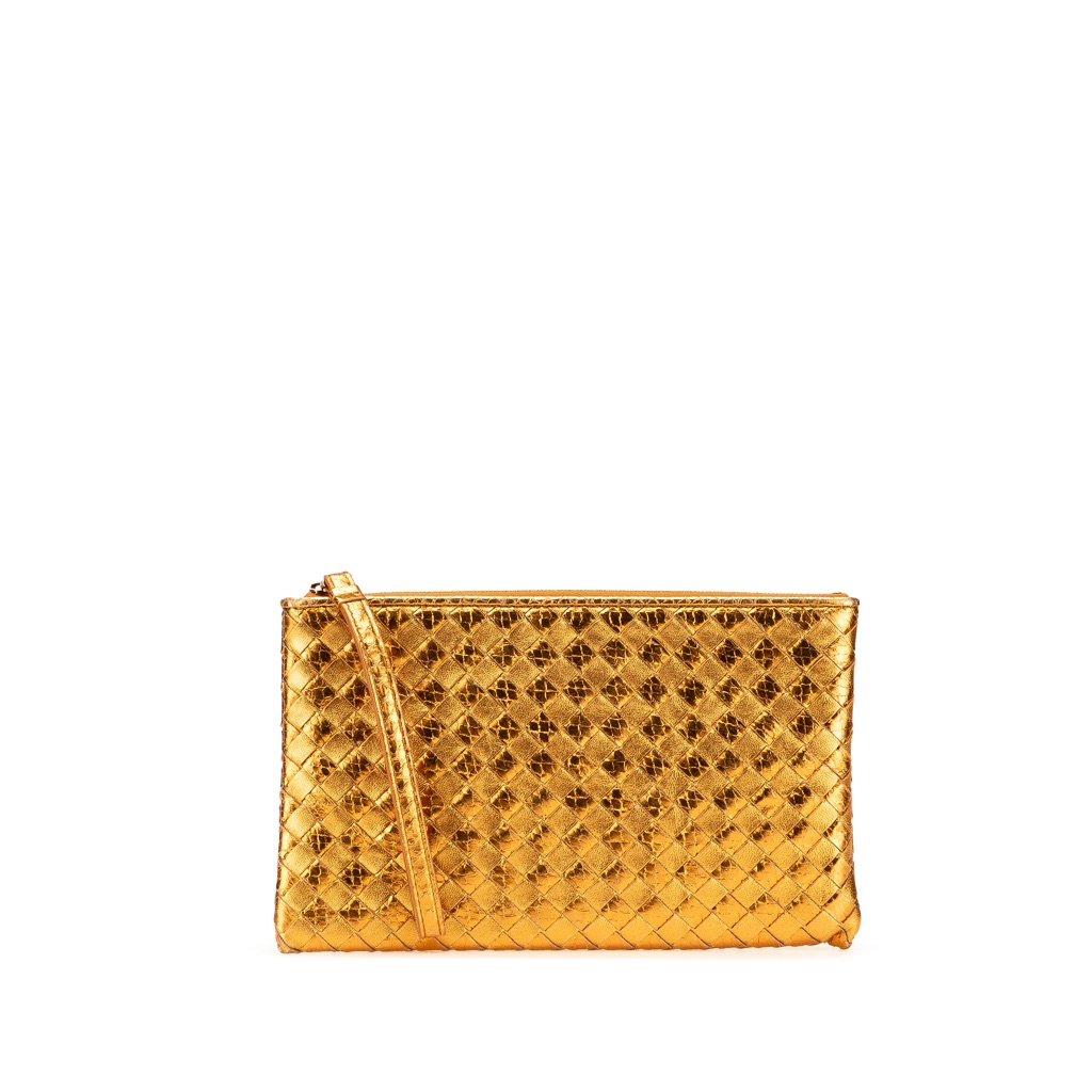 Bottega Veneta Metallic Leather and Snake Skin Intrecciato Wristlet Clutch