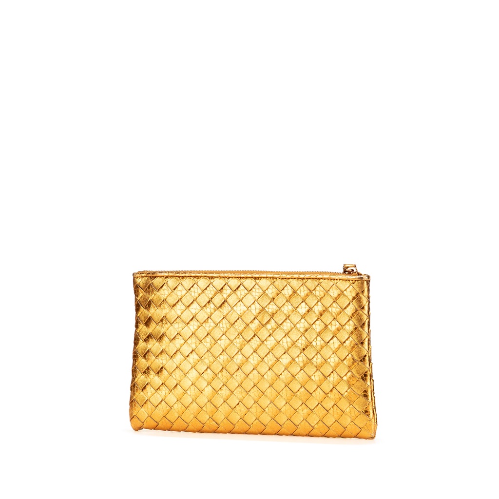 Bottega Veneta Metallic Leather and Snake Skin Intrecciato Wristlet Clutch - Back view