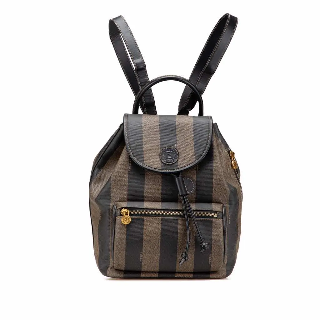 Fendi Pequin Coated Canvas Drawstring Backpack Brown Good - Front View