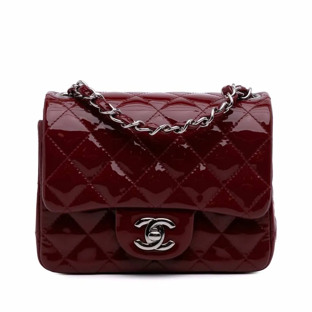 Chanel Mini Square Classic Patent Single Flap Red Leather Good - Front View