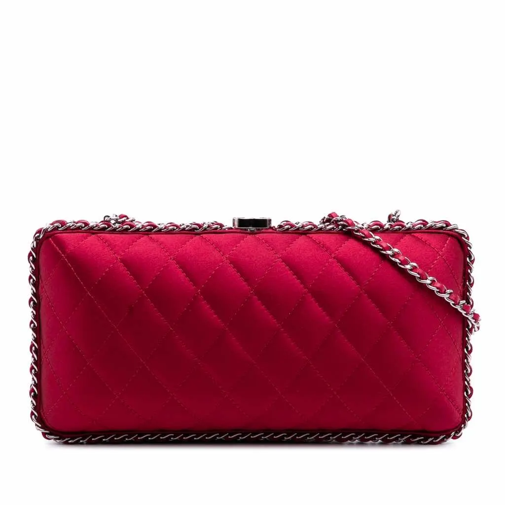 Chanel Quilted Satin Chain Around Clutch Red Good - Front View