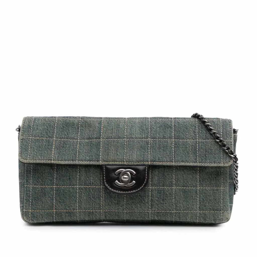 Chanel CC Chocolate Bar Denim East West Flap Blue Good - Front View