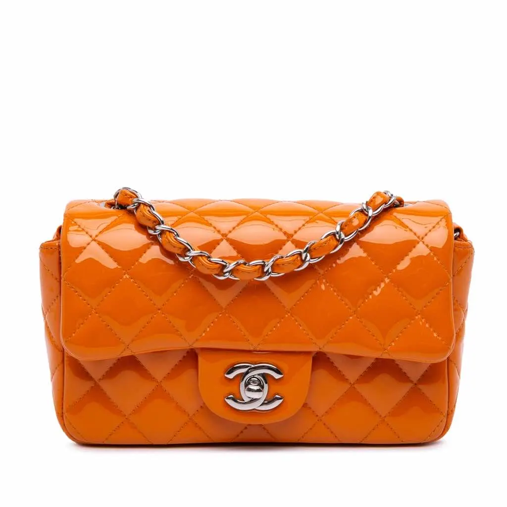 Chanel Mini Rectangular Classic Patent Single Flap Orange Leather Good - Front View