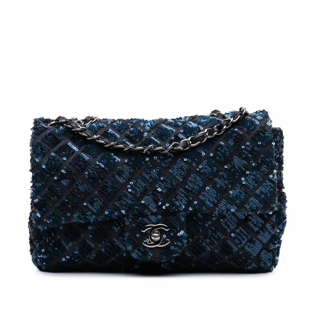 Chanel Medium Sequined Satin Single Flap Blue Good - Front View