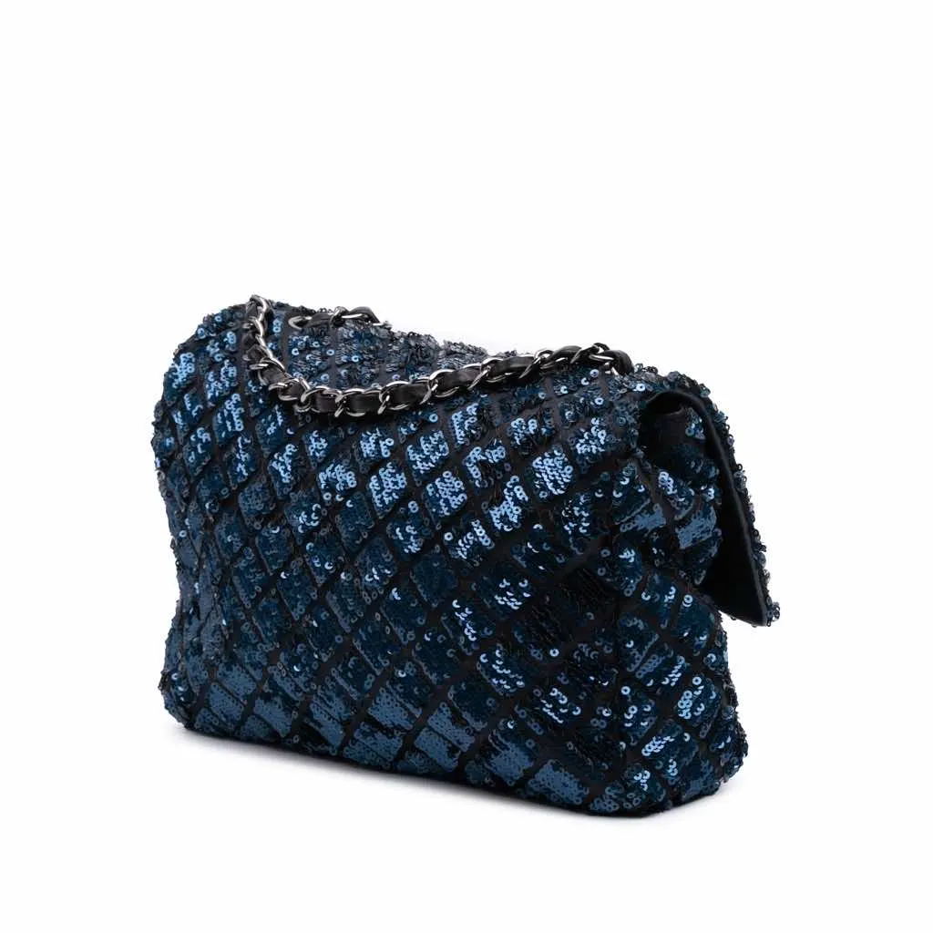 Chanel Medium Sequined Satin Single Flap Blue Good - Back View