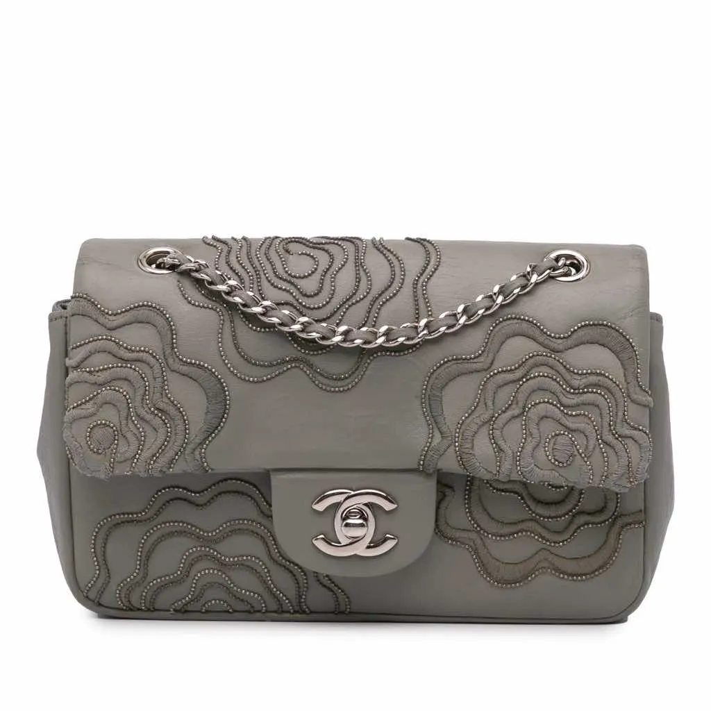 Chanel Embroidered Lambskin Camellia Follies Flap Grey Leather Very good - Front View