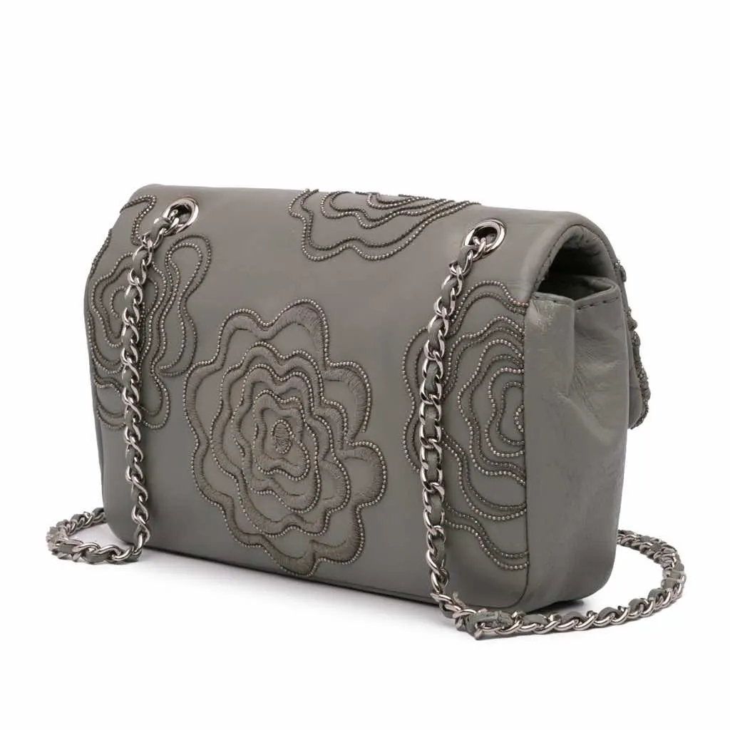 Chanel Embroidered Lambskin Camellia Follies Flap Grey Leather Very good - Back View