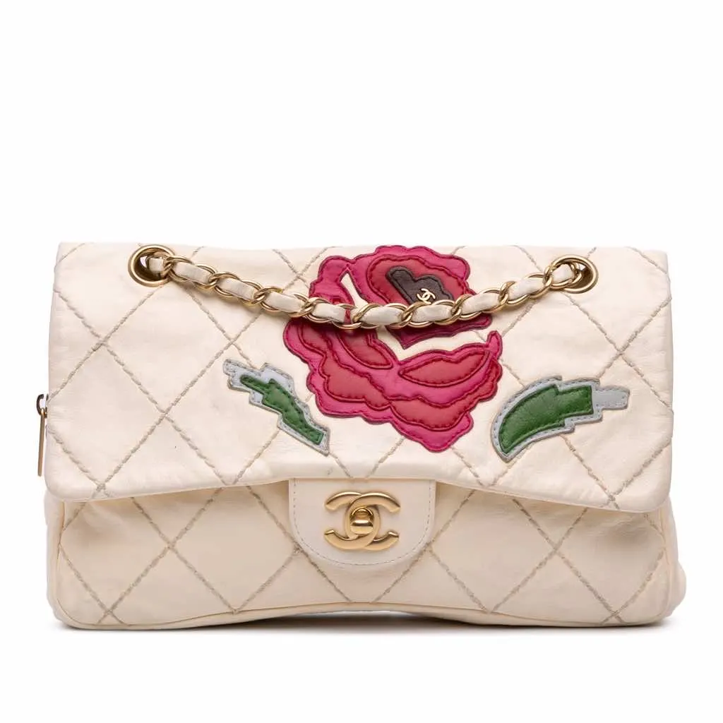 Chanel Medium Quilted Lambskin Rose Applique Wild Stitch Single Flap White Leather Good - Front View