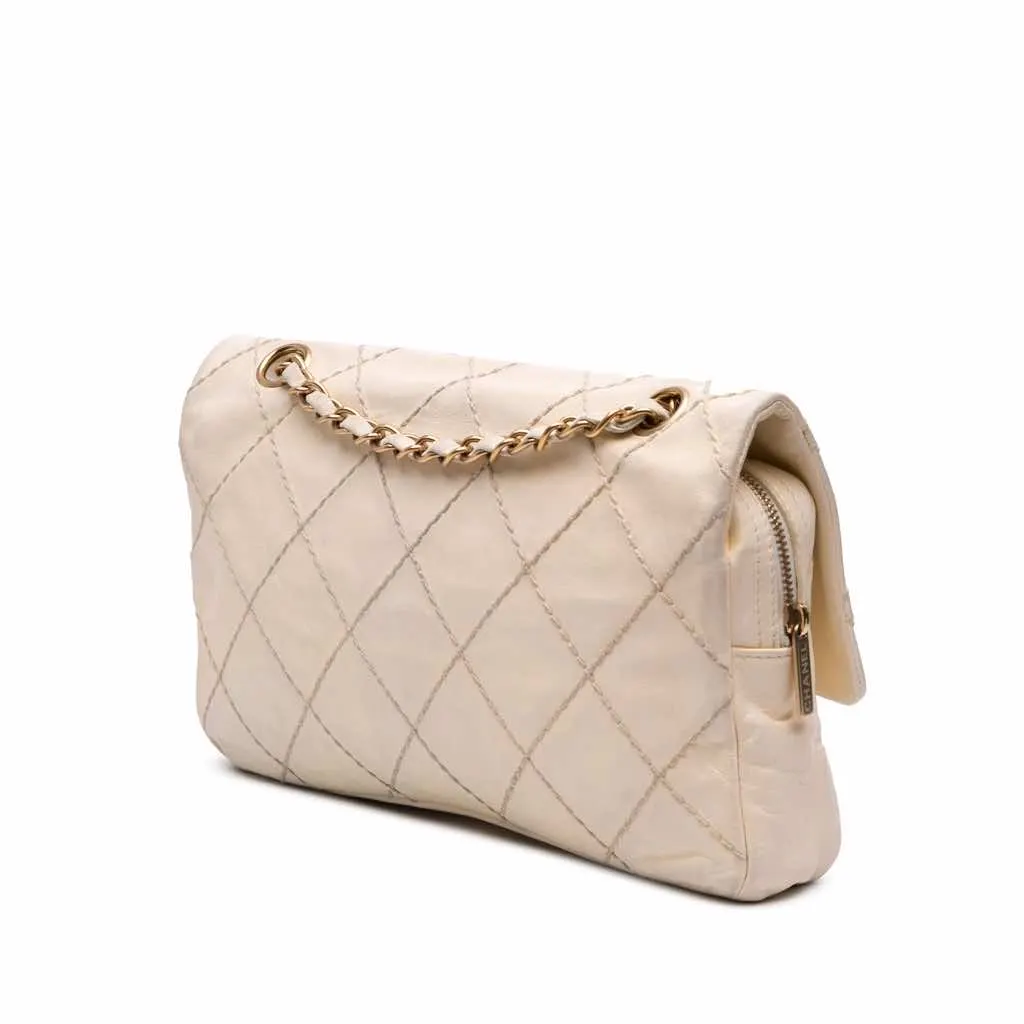Chanel Medium Quilted Lambskin Rose Applique Wild Stitch Single Flap White Leather Good - Back View