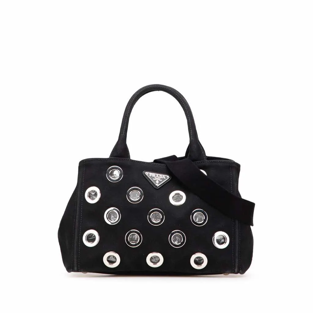 Prada Small Canvas Canapa Grommet Satchel Black Good - Front View