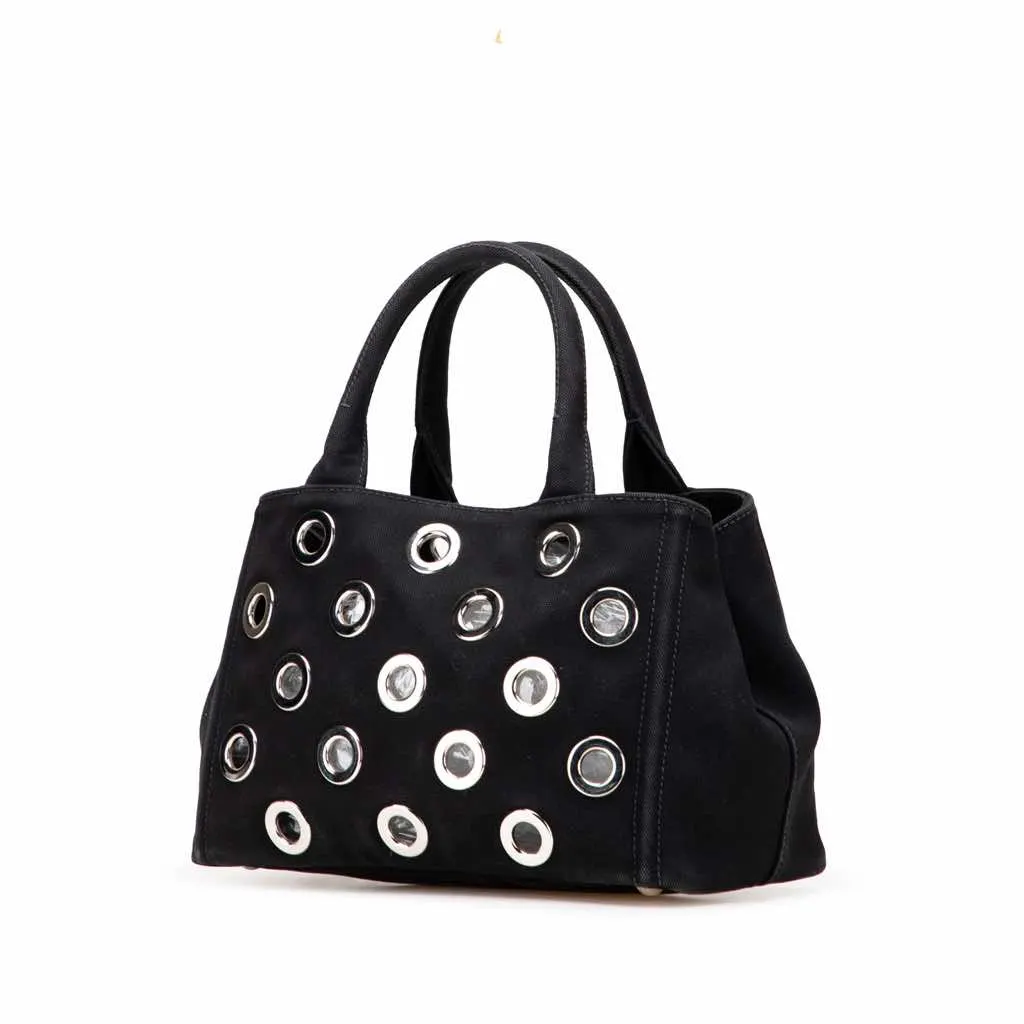 Prada Small Canvas Canapa Grommet Satchel Black Good - Back View
