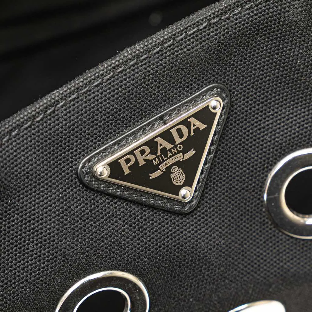 Prada Small Canvas Canapa Grommet Satchel Black Good - Box View