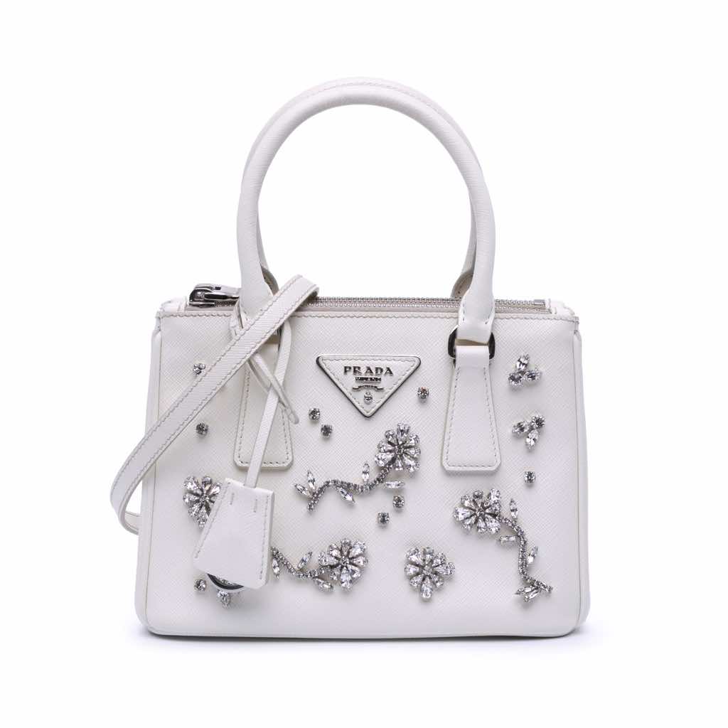 Prada Mini Saffiano Lux Crystal Embellished Galleria Double Zip