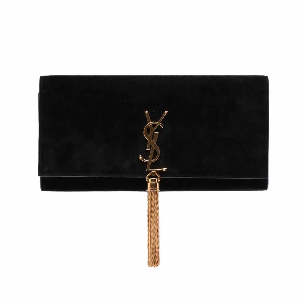 Saint Laurent Suede Classic Monogram Cassandre Tassel Clutch Black Leather Good - Front View