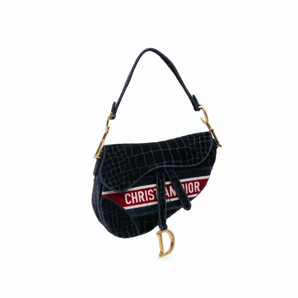 Dior Velvet Embroidered Crocodile Effect Saddle Bag Blue Good - Front View